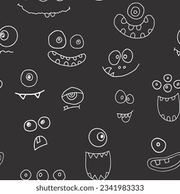 Cute monster faces seamless pattern. Cartoon monsters background. Vector illustration.