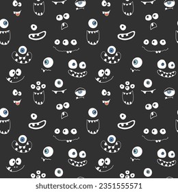 Cute monster faces seamless pattern. Cartoon monsters background. Vector illustration.