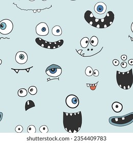 Cute monster faces seamless pattern. Cartoon monsters background. Vector illustration.