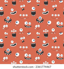 Cute monster faces seamless pattern. Cartoon monsters background. Vector illustration.