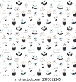 Cute monster faces seamless pattern. Cartoon monsters background. Vector illustration.