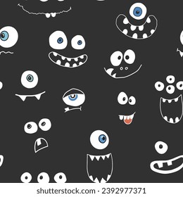 Cute monster faces seamless pattern. Cartoon monsters background. Vector illustration.