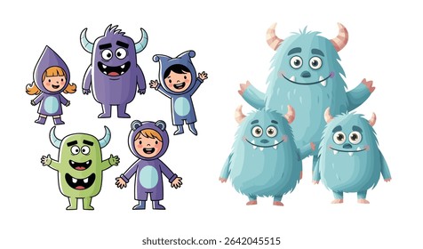 Cute Monster Family Illustrations with Children and Furry Creatures Whimsical Cartoon Art
