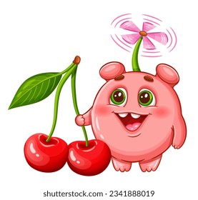 Cute monster, fantasy alien and cherry berry fruit icon. Funny humanoid children cartoon character. Fairy fictional mutant, demon creature. Kid healthy vitamin food, juice drink, candy package. Vector