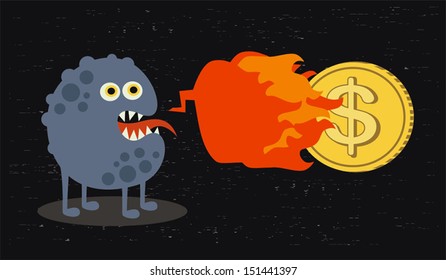Cute monster with fire and dollar coin. Vector illustration. 