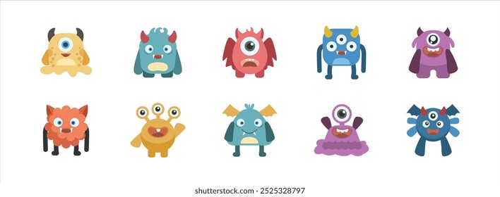 Conjunto de ilustración plana de monstruo lindo. Ilustración de Arte vectorial aislada.