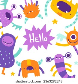 Cute monster frame border template for kids. White vector banner with funny colorful monsters.