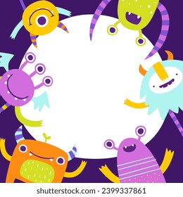 Cute monster frame border template for kids. Funny vector banner with colorful monsters.