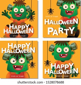 cute monster frankenstein, happy halloween party poster design, greeting card