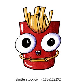 Cute monster french fries on an isolated white background. Fast food with eyes, junk food. Design for poster, print, kids menu. Digital hand drawn illustration. Stock vector illustration.