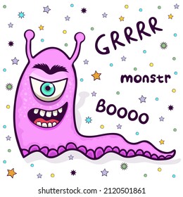 Cute monster, funny cartoon character, colorful hand drawing. Cheerful purple one-eyed fairy tale creature crawls on tail with a sinister grin toothy mouth, isolated. Vector illustration