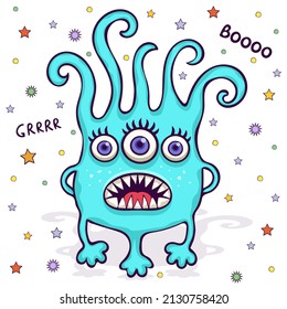 Cute monster, funny cartoon character, colorful hand drawing. Cheerful blue fairy tale creature with many eyes and paws and a toothy mouth isolated on white background. Vector illustration