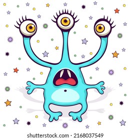 Cute monster, funny cartoon character, colorful hand drawing. Cheerful blue fairy tale creature with many eyes and paws and a toothy mouth isolated on white background. Vector illustration
