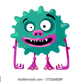 Cute Monster with Funny Face, Toothy Mouth and Long Arms. Green Germ, Alien or Bacteria with Ball Shaped Body with Pimples Isolated on White Background. Cartoon Vector Illustration, Icon, Clip Art