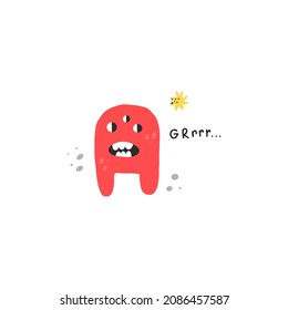Cute monster. Funny red creature, little mutant or alien, spooky fantasy character with text, childish collection, kids poster, t-shirt print or card, vector cartoon flat style isolated illustration