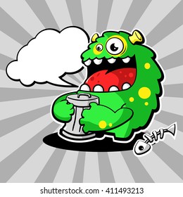 Cute monster with a garbage can and a speech bubble vector cartoon illustration. 