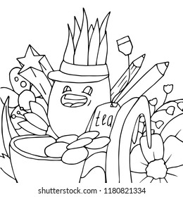 Cute monster in garden with flowers doodle concept in hand drawn style. Vector illustration. For print, poster, coloring books