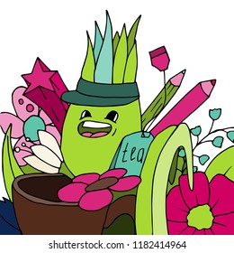 Cute monster in garden with flowers doodle concept in hand drawn style. Vector illustration. For print, poster, coloring books