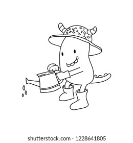 cute monster gardening  line art black white doodle