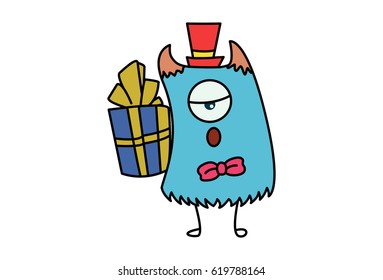 Cute Monster with a gift. Vector Illustration. Isolated on white background.