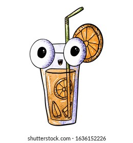 Cute monster glass of orange juice on an isolated white background. Fresh juice with eyes, junk food. Design for poster, print, kids menu. Digital hand drawn illustration. Stock vector illustration.