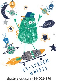 cute monster going into space on a rocket skateboard