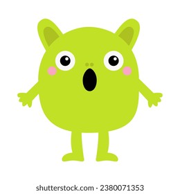 Cute monster green head face icon. Happy Halloween. Eyes, tongue, ears, hands, cheeks. Cute cartoon kawaii scary funny baby character. Flat design. White background. Isolated. Vector illustration