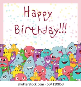 Cute monster greeting card. Happy Birthday. Monster frame. Vector illustration.