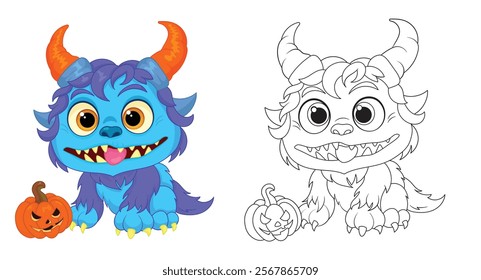 Cute monster halloween pumpkin kids illustration coloring book