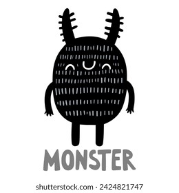 Cute monster hand drawn illustration in Scandinavian and flat style for kids. Monster clipart	
