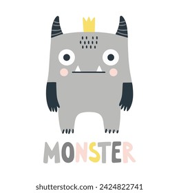Cute monster hand drawn illustration in Scandinavian and flat style for kids. Monster clipart	