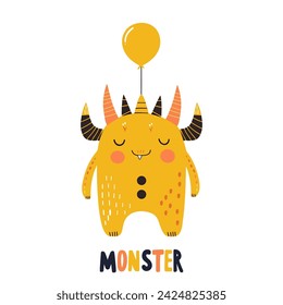 Cute monster hand drawn illustration in Scandinavian and flat style for kids. Monster clipart	
