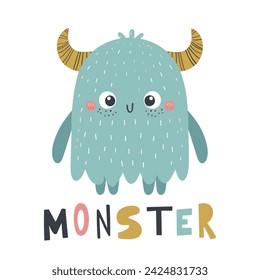 Cute monster hand drawn illustration in Scandinavian and flat style for kids. Monster clipart	