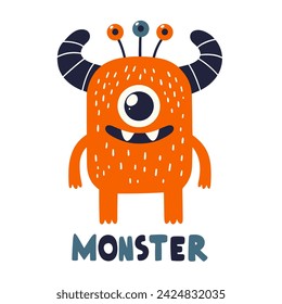 Cute monster hand drawn illustration in Scandinavian and flat style for kids. Monster clipart	
