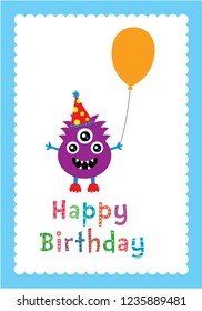 cute monster happy birthday greeting with balloon vector.