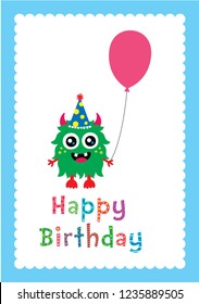 cute monster happy birthday greeting with balloon vector.