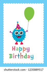 cute monster happy birthday greeting with balloon vector.