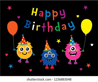 cute monster happy birthday greeting card. monsters' birthday party celebration.