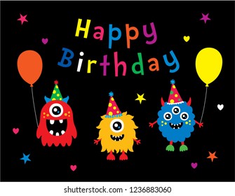 cute monster happy birthday greeting card. monsters' birthday party celebration.