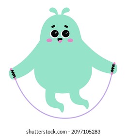 Cute monster with happy face emotion jumping rope. Bizzare kind character in flat style. Adorable childish creature in pastel green color. Hand drawn comic beast isolated on white background