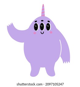 Cute monster with happy face and unicorn horn. Bizzare kind character in flat style. Adorable childish creature in pastel color. Hand drawn comic beast with three eyes isolated on white background