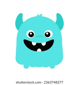 Cute monster. Happy Halloween. Funny head face with horns, fangs. Blue silhouette smiling scary monsters. Cartoon kawaii screaming boo funny baby character. Flat design. White background. Vector