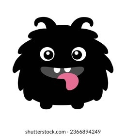 Cute monster. Happy Halloween. Funny head face with horns, teeth, tongue. Cartoon kawaii screaming boo funny character. Black silhouette smiling scary monsters. Flat design. White background. Vector