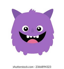 Cute monster. Happy Halloween. Funny head face with teeth, tongue, ears. Purple silhouette smiling scary monsters. Cartoon kawaii screaming boo funny character. Flat design. White background. Vector