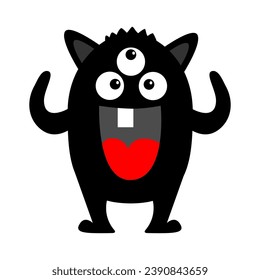 Cute monster. Happy Halloween. Head face with tongue, ears. Black silhouette monsters. Cartoon kawaii funny character. Childish baby collection. T-shirt design. White background. Flat design. Vector