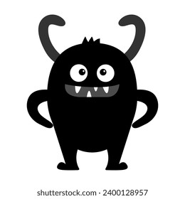 Un monstruo lindo. Feliz Halloween. Cara con cuernos, colmillos. Monstruos de silueta negra. Caricatura kawaii gracioso personaje de boo. Diseño de camisetas. Colección infantil de bebés. Vector de diseño plano de fondo blanco