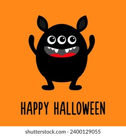 Cute monster. Happy Halloween. Head face withears, fang tooth, tongue. Black silhouette monsters. Cartoon kawaii funny boo character. Childish baby collection. Orange background. Flat design. Vector