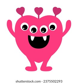 Cute monster. Happy Halloween. Pink silhouette monsters. Funny smiling face head with hearts. Cartoon kawaii funny kids boo character. Baby T-shirt design. White background. Flat design. Vector