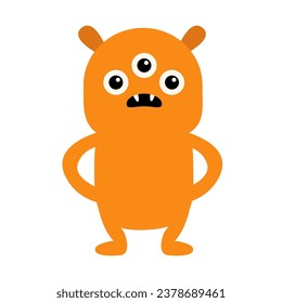 Un monstruo lindo. Feliz Halloween. Triste cara de cabeza con colmillos. Monstruos de silueta naranja. Caricatura kawaii gracioso personaje de boo. Colección infantil. Diseño de camisetas. Fondo blanco. Diseño plano. Vector