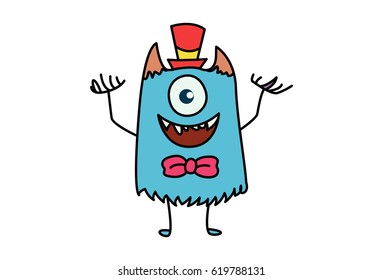 Cute Monster Happy with hands raised. Vector Illustration. Isolated on white background.